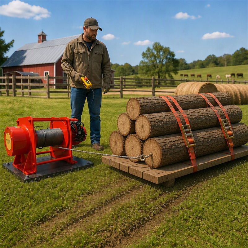 ALLMAN AMW-E Electric Winch for Farm Use — Dragging Logs & Hay Bales