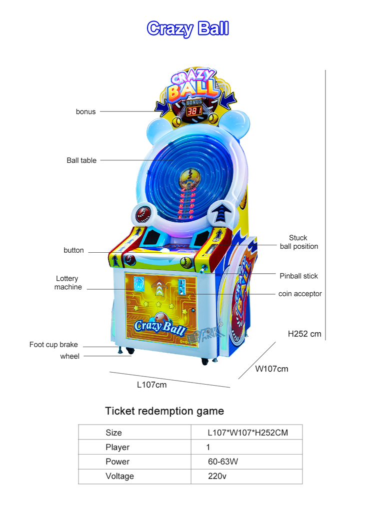 Arcade Coin Operated Lottery Ticket Machine Crazy Ball Wheel Runner Game Machines manufacture