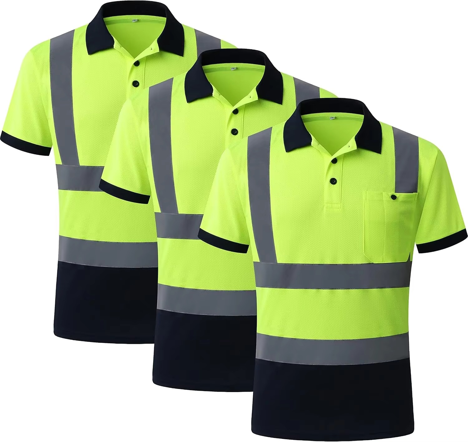 Hi Vis Reflective Safety Polo Shirt Short Sleeve Breathable Birdseye Work T-Shirt with Pocket for Construction Warehouse