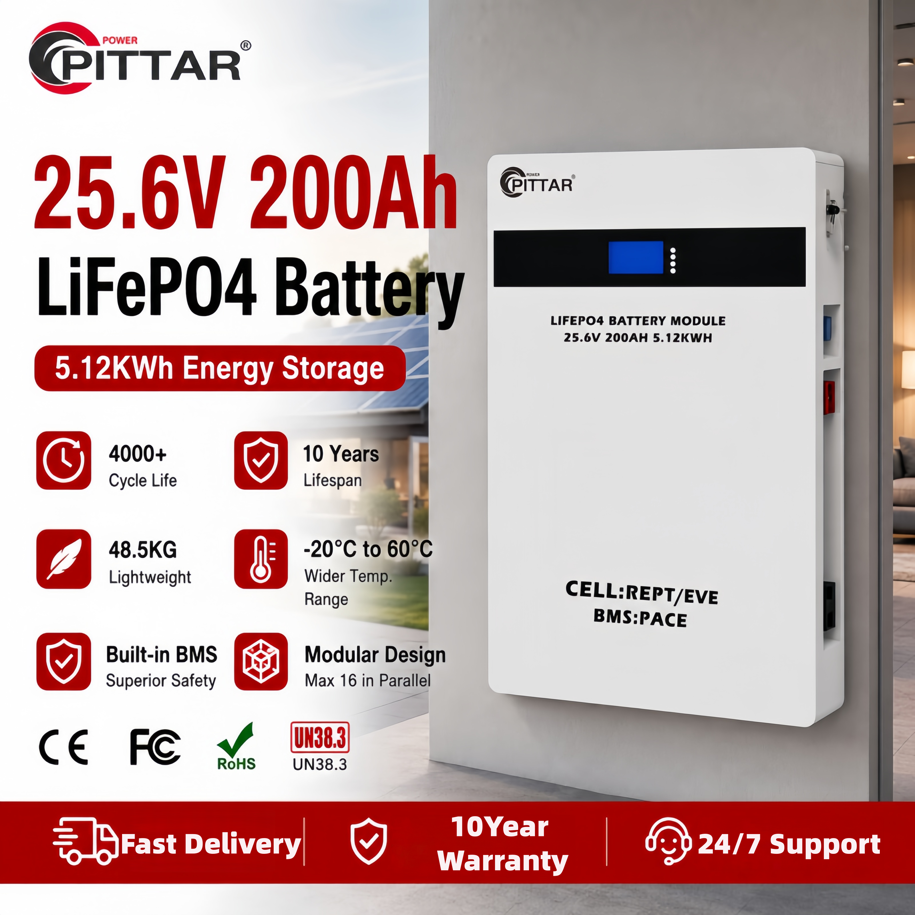 Wall-Mounted 25.6V 200Ah 5.12kWh LiFePO4 Lithium Battery LW-5KA High Cycle Life for Solar Storage and UPS Backup