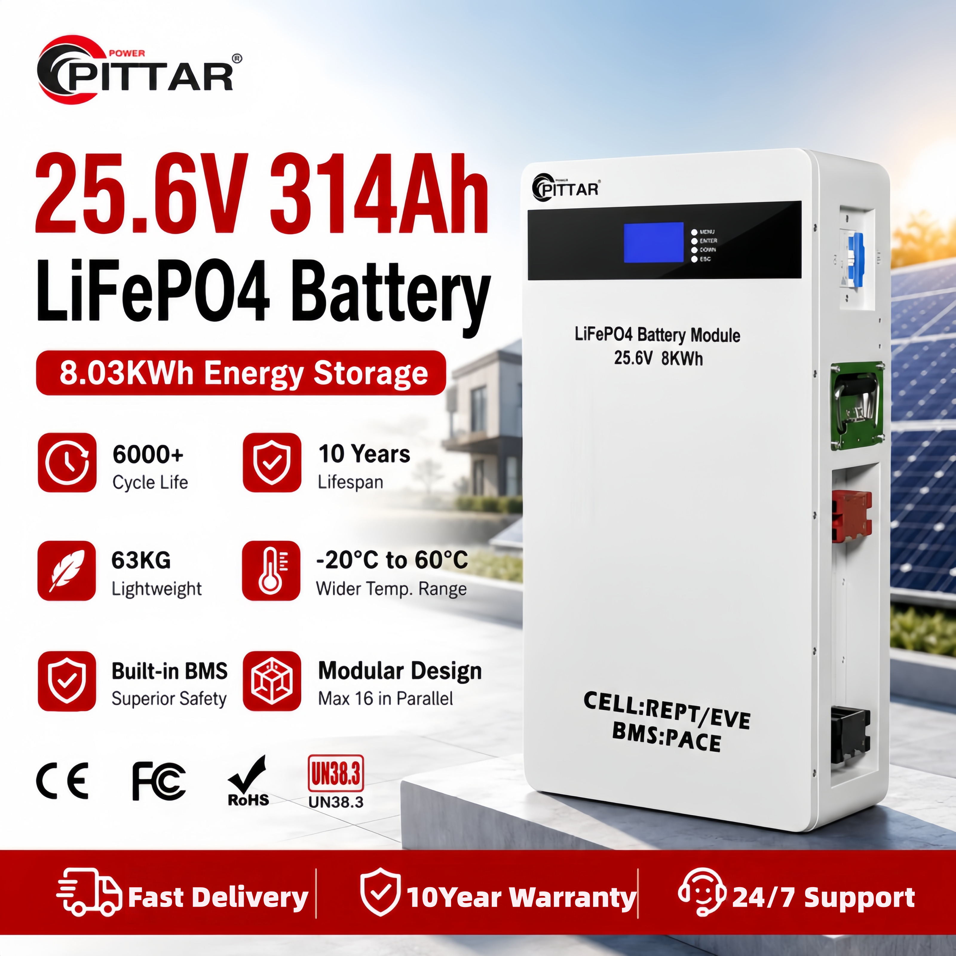 Wall-Mounted 25.6V 314Ah 8kWh LiFePO4 Lithium Battery LW-8K-24V High Cycle Life for Solar Storage and UPS Backup