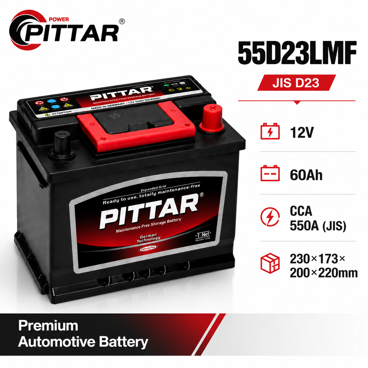 55D23LMF 12V 60Ah Sealed Maintenance Free Car Battery – JIS D23 Group, High Cranking Power