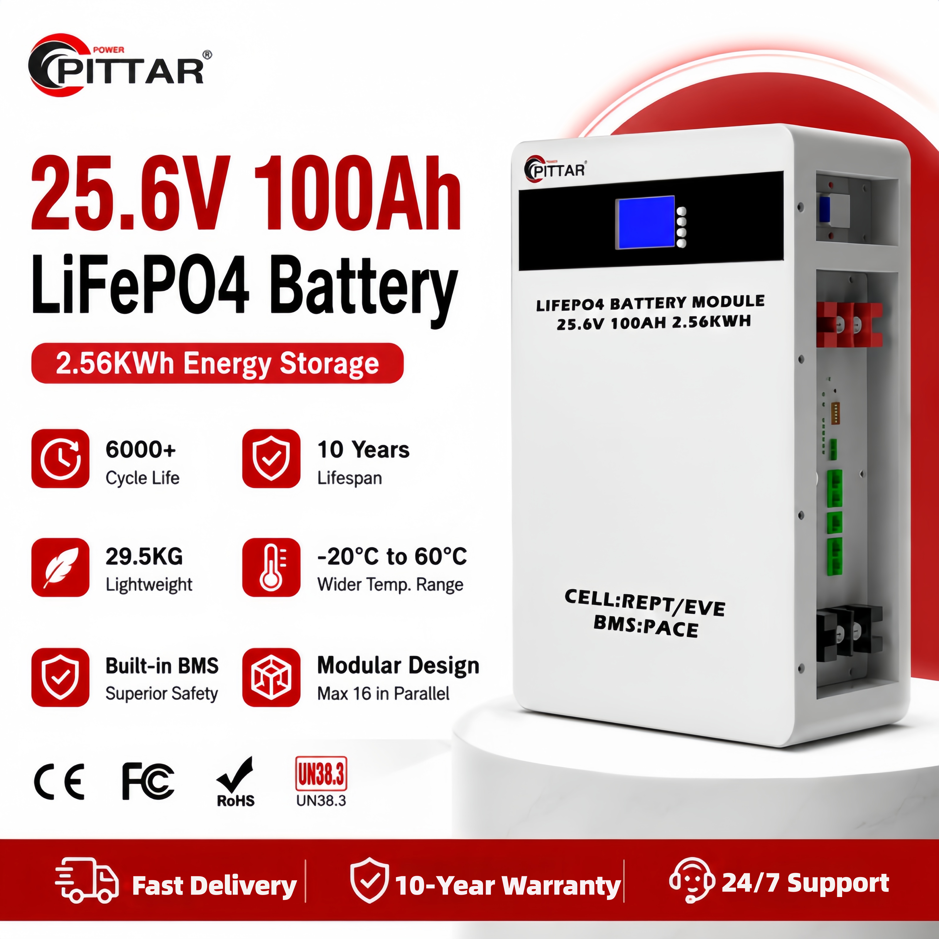 Wall-Mounted 25.6V 100Ah 2.56kWh LiFePO4 Lithium Battery LW-2.56K Long Cycle Life for Solar Storage and UPS Backup