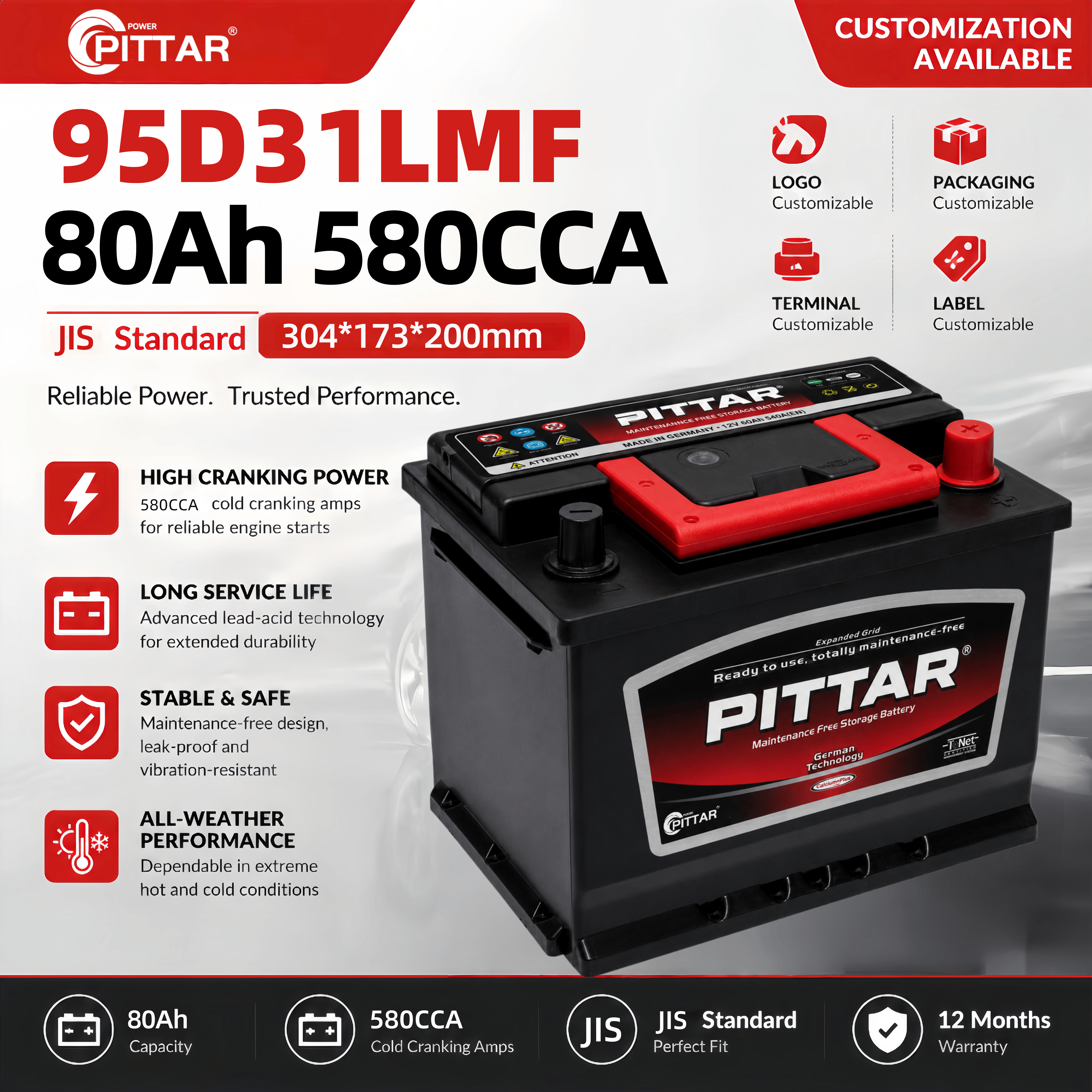 95D31LMF 12V 80Ah Sealed Maintenance Free Car Battery – JIS Standard, High CCA, Lead Calcium Alloy