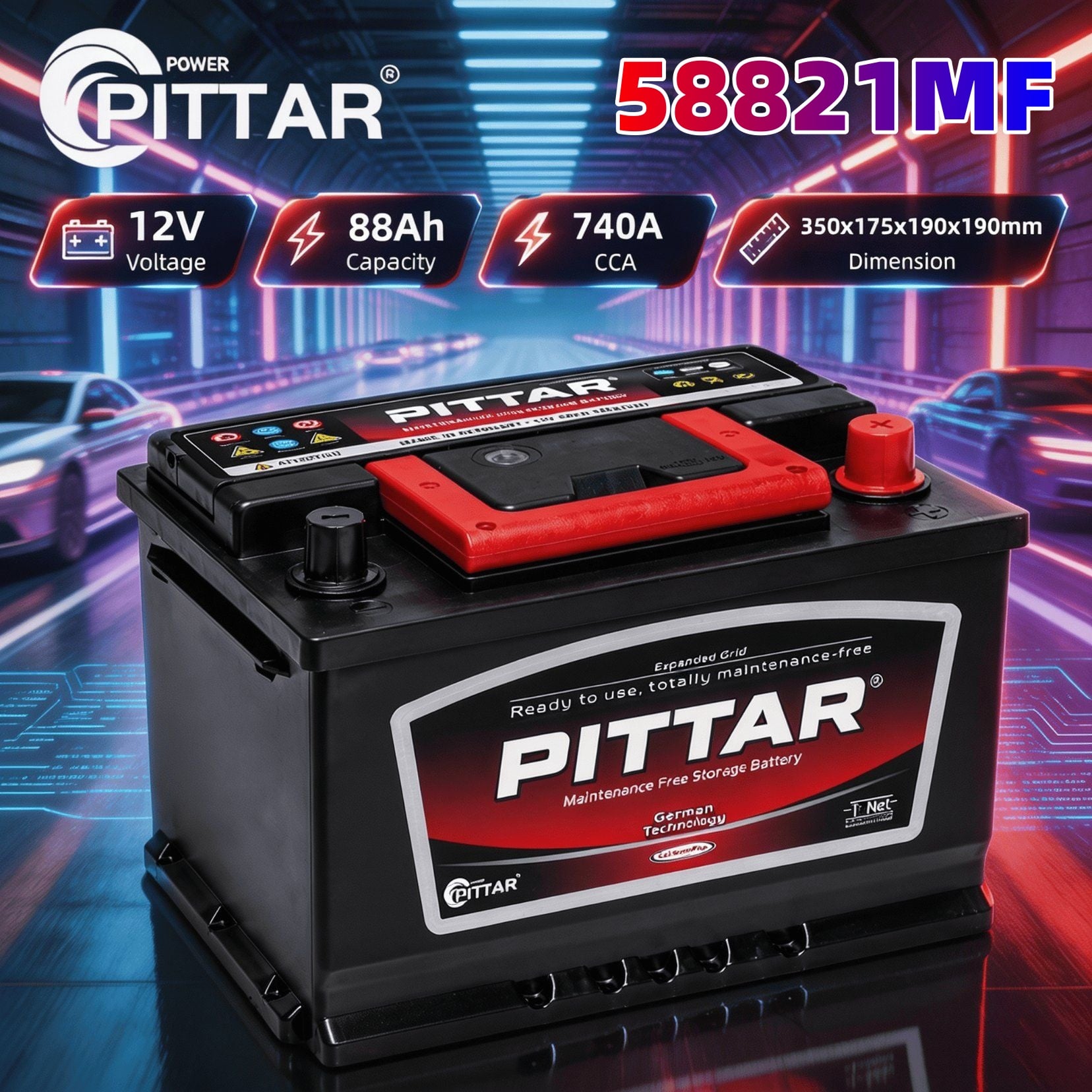58821MF 12V 88Ah Sealed Maintenance Free Car Battery – EN Standard L5, High CCA 780A, Lead Calcium Alloy