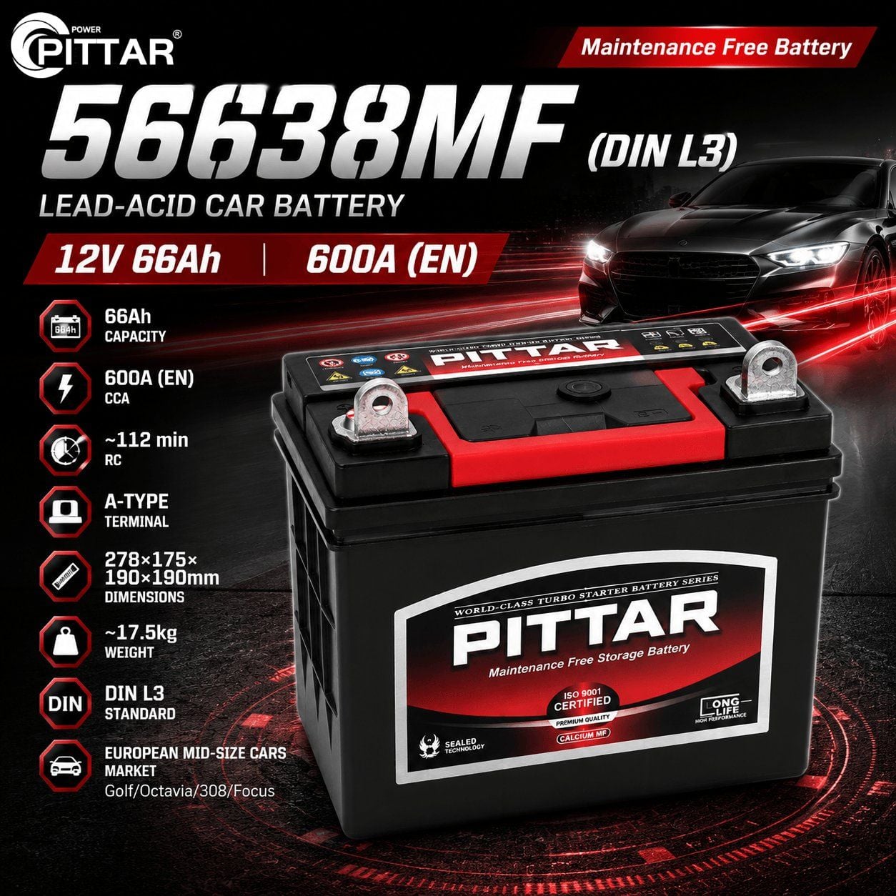 56638MF 12V 66Ah Sealed Maintenance Free Car Battery – EN L3 Group, CCA 540A, Lead Calcium Alloy