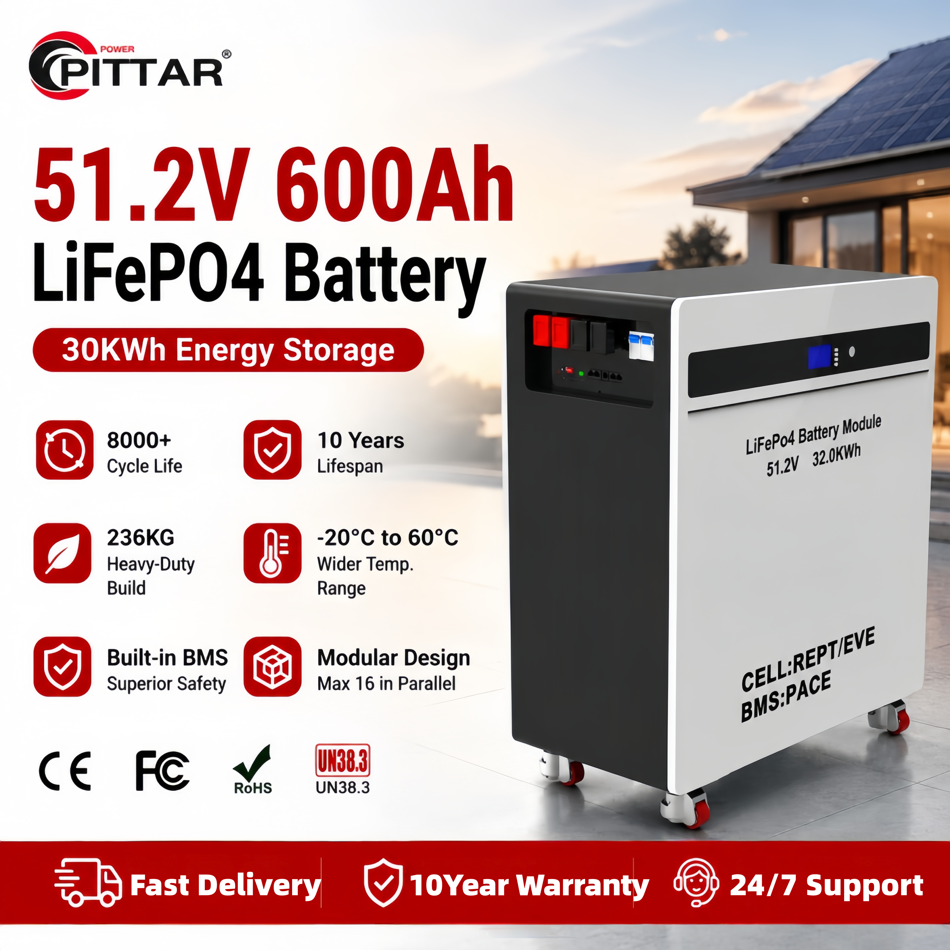 Wall-Mounted 51.2V 600Ah 30kWh LiFePO4 Lithium Battery LW-30K High Cycle Life Solar Storage & UPS Backup