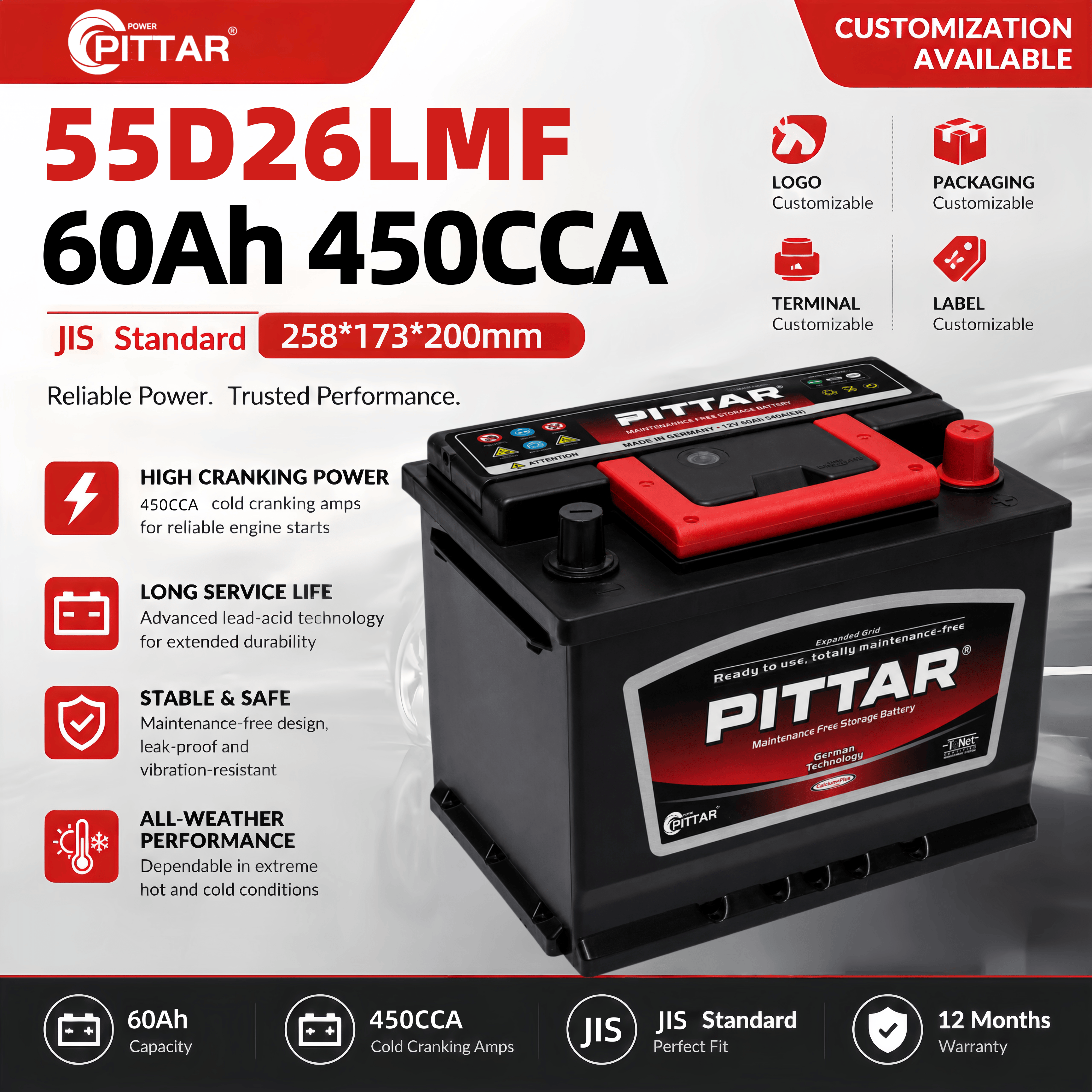 55D26LMF 12V 60Ah Sealed Maintenance Free Car Battery – JIS Standard, High CCA, Lead Calcium Alloy