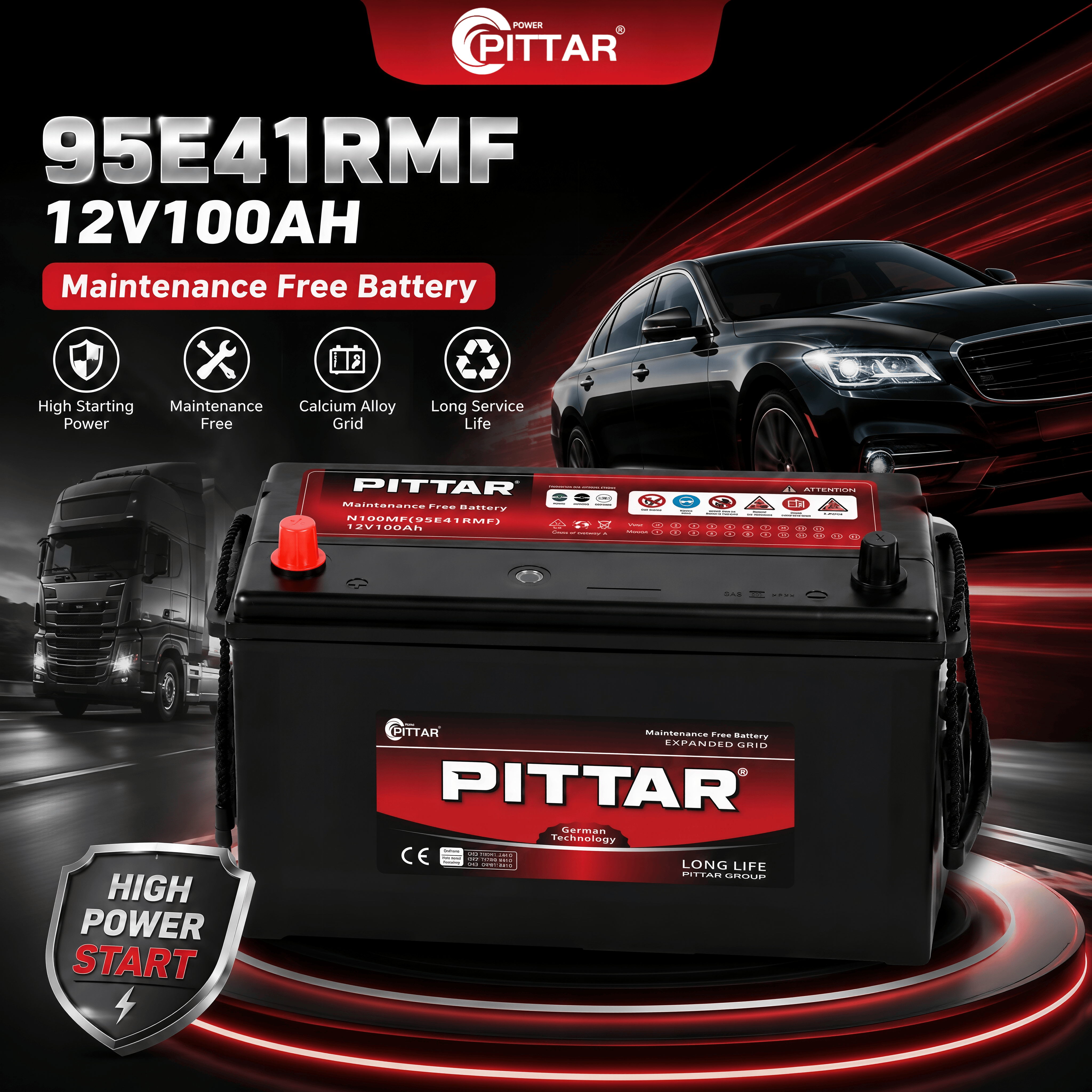 Pittar 95E41RMF 12V100AH 730CCA Maintenance-Free Lead-Acid Automotive Battery For Large Cars & SUVs

