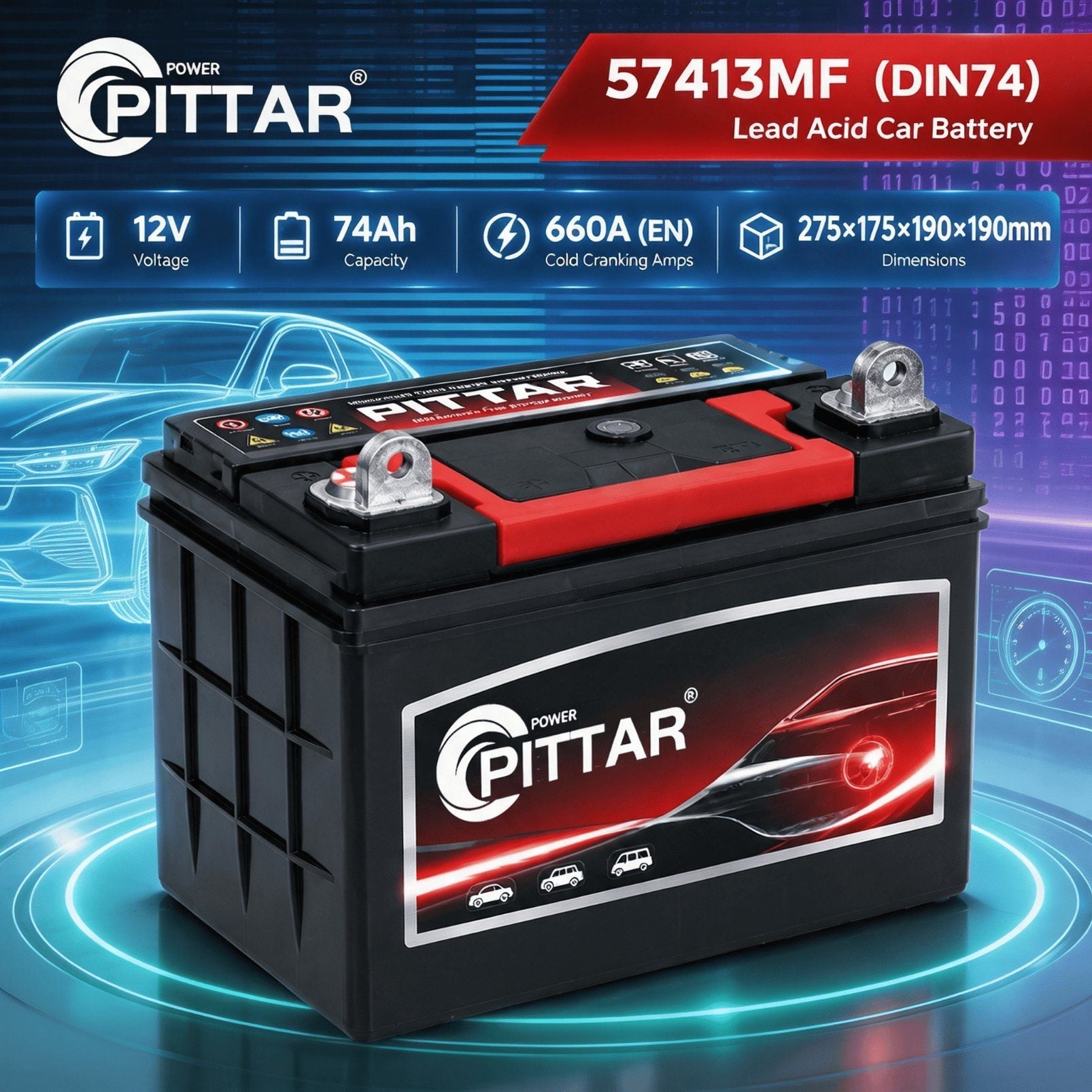 57413MF 12V 74Ah Sealed Maintenance Free Car Battery – EN Standard, High CCA 680A, Lead Calcium Alloy