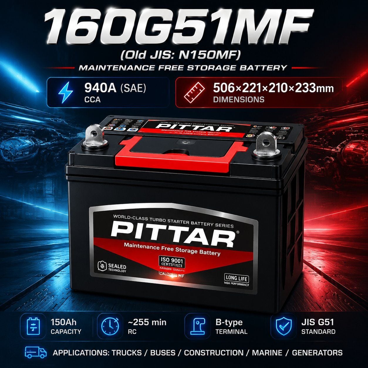160G51MF 12V 150Ah Sealed Maintenance Free Car Battery – JIS G51 Group, Heavy-Duty, High CCA