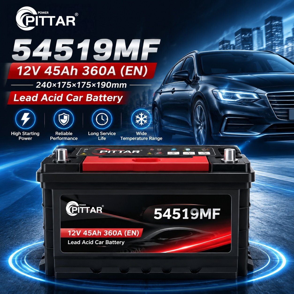 54519MF 12V 45Ah Sealed Maintenance Free Car Battery – EN Standard, High CCA, Lead Calcium Alloy