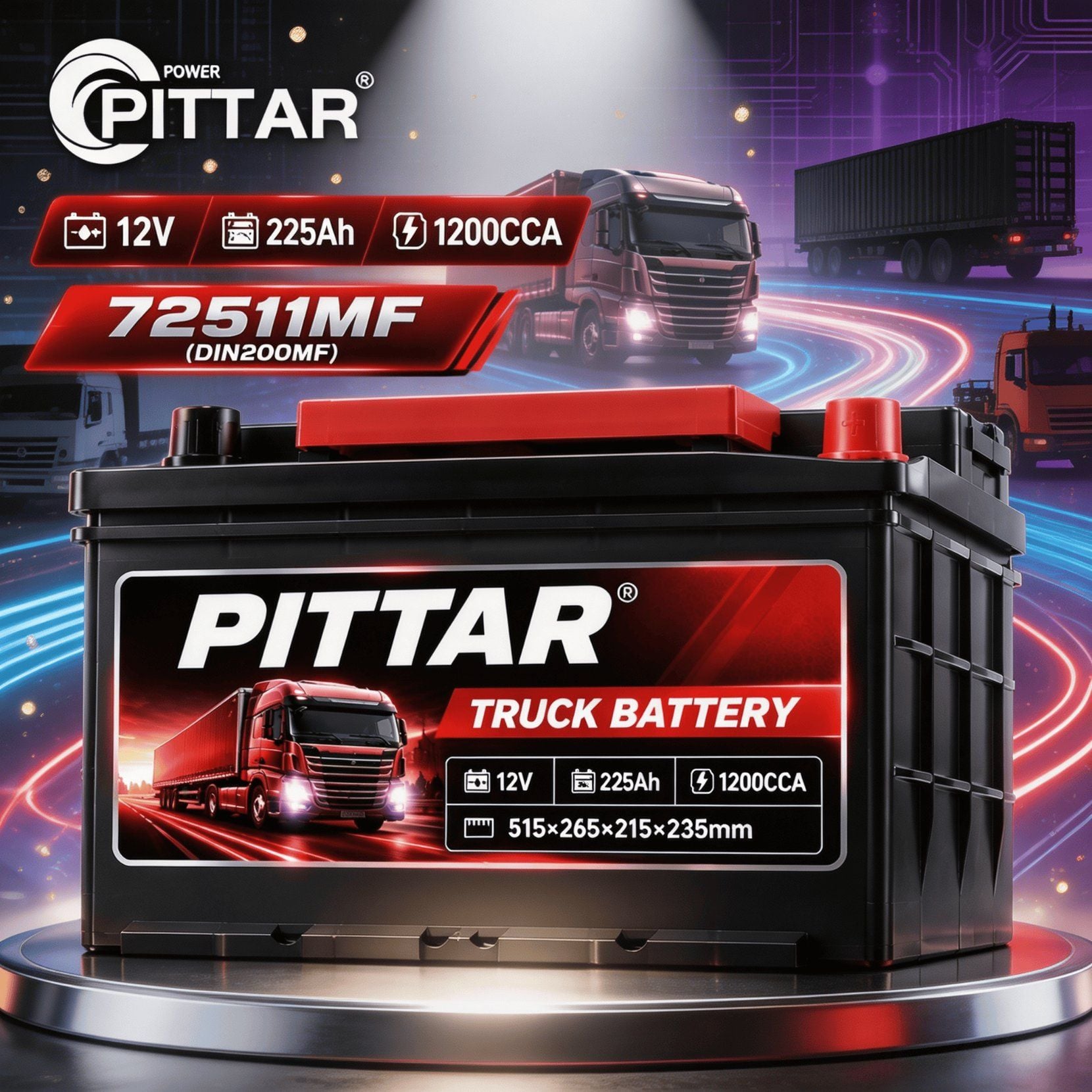 72511MF 12V 225Ah Sealed Maintenance Free Truck Battery – DIN D6, High CCA 950A, Lead Calcium Alloy