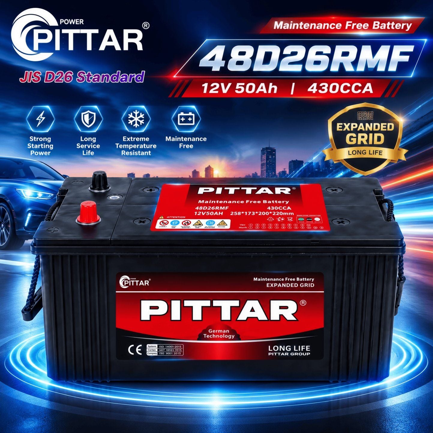 48D26RMF 12V 50Ah Sealed Maintenance Free Car Battery – JIS D26 Group, CCA 320A, Lead Calcium Alloy