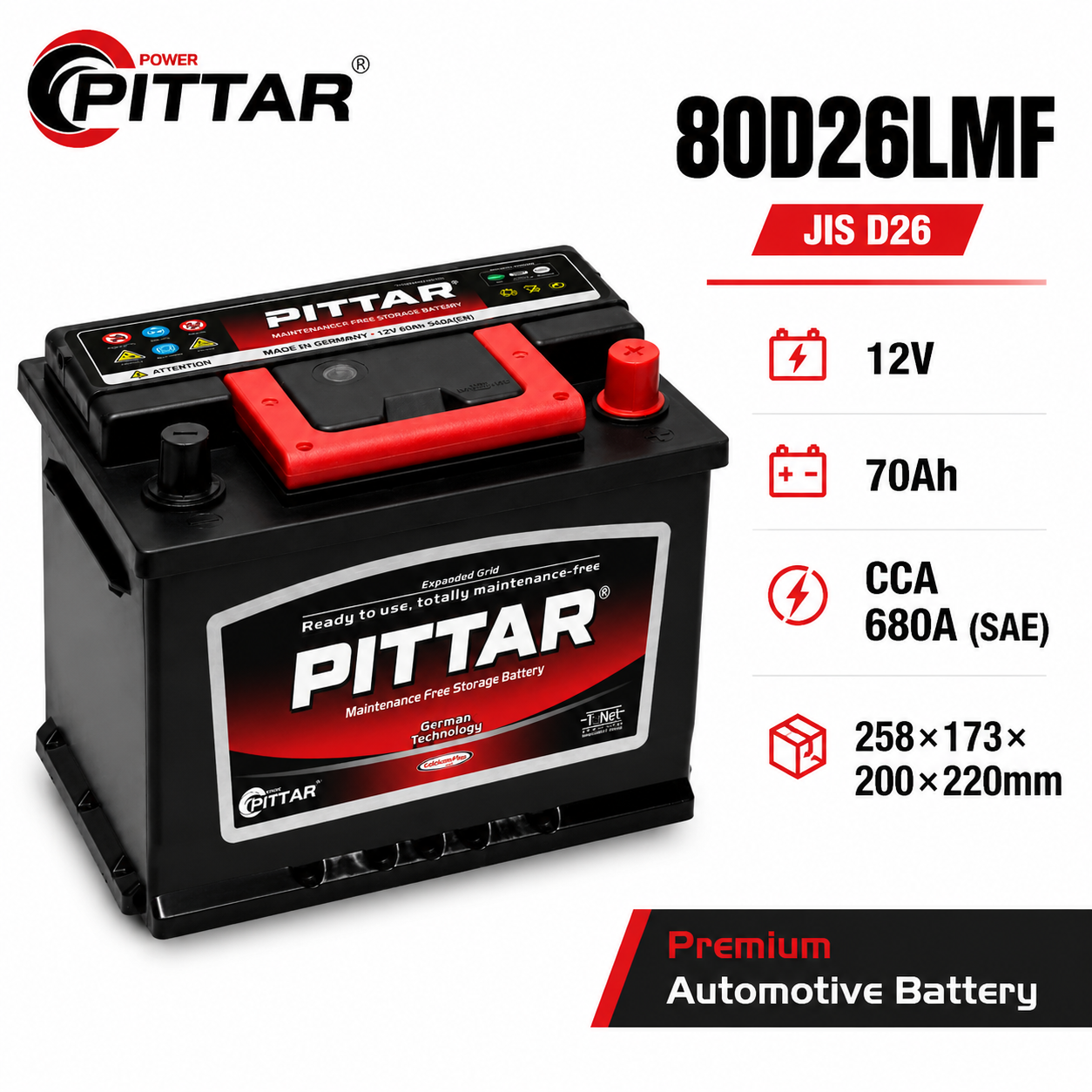 80D26LMF 12V 70Ah Sealed Maintenance Free Car Battery – JIS D26 Group, High Performance