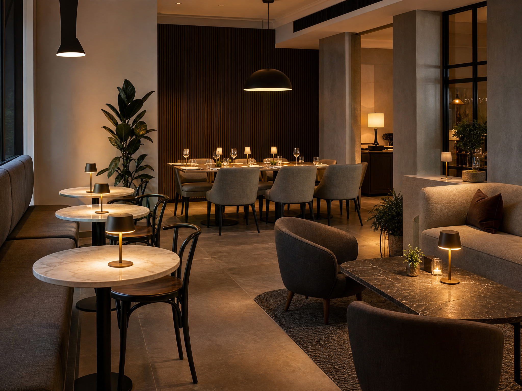 Different hospitality table zones using compact ambient cordless table lamps
