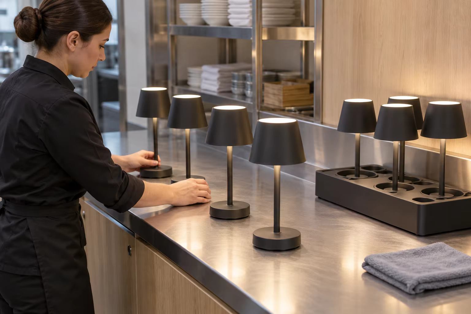 Unbranded cordless table lamps organized beside a generic charging area in a hotel service pantry