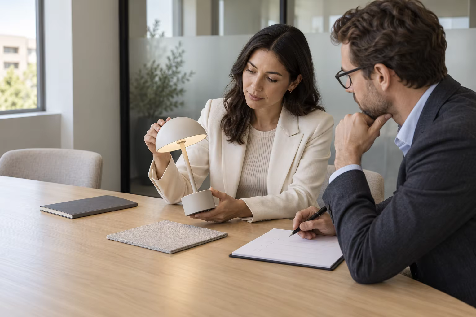 Hotel lighting buyer reviewing an unbranded cordless table lamp sample during a procurement meeting