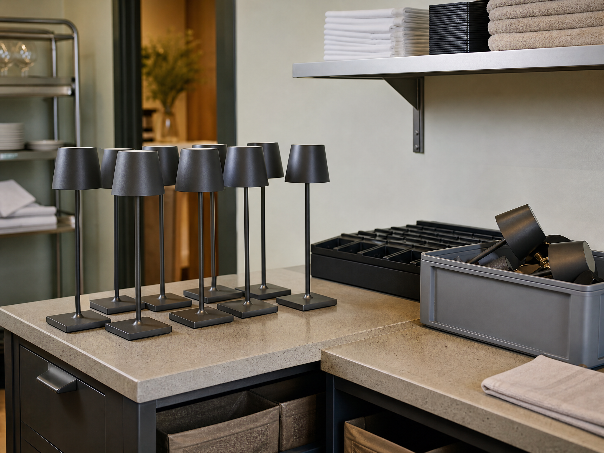Unbranded commercial cordless table lamps arranged in an organised indoor charging area