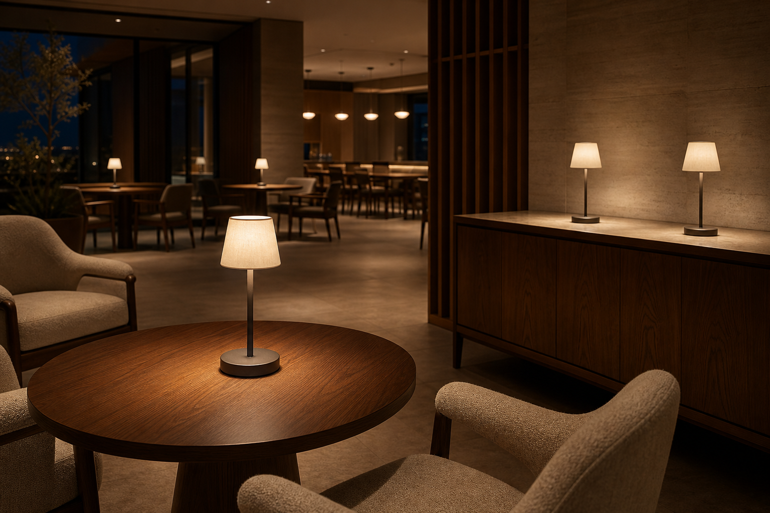 Unbranded cordless table lamps placed across hotel lounge and dining areas for application planning