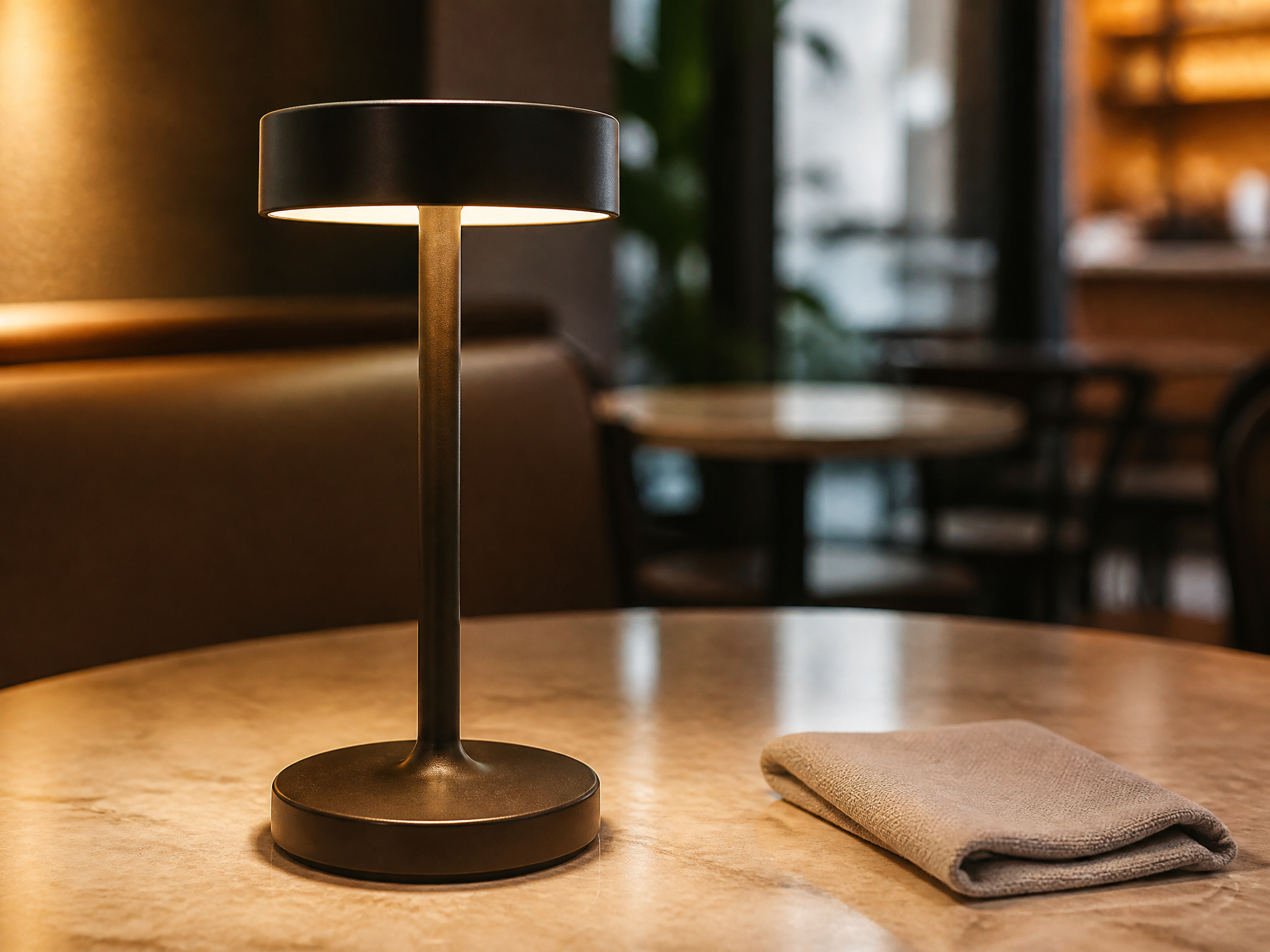 Close-up detail of a premium unbranded cordless table lamp finish and wipeable surface