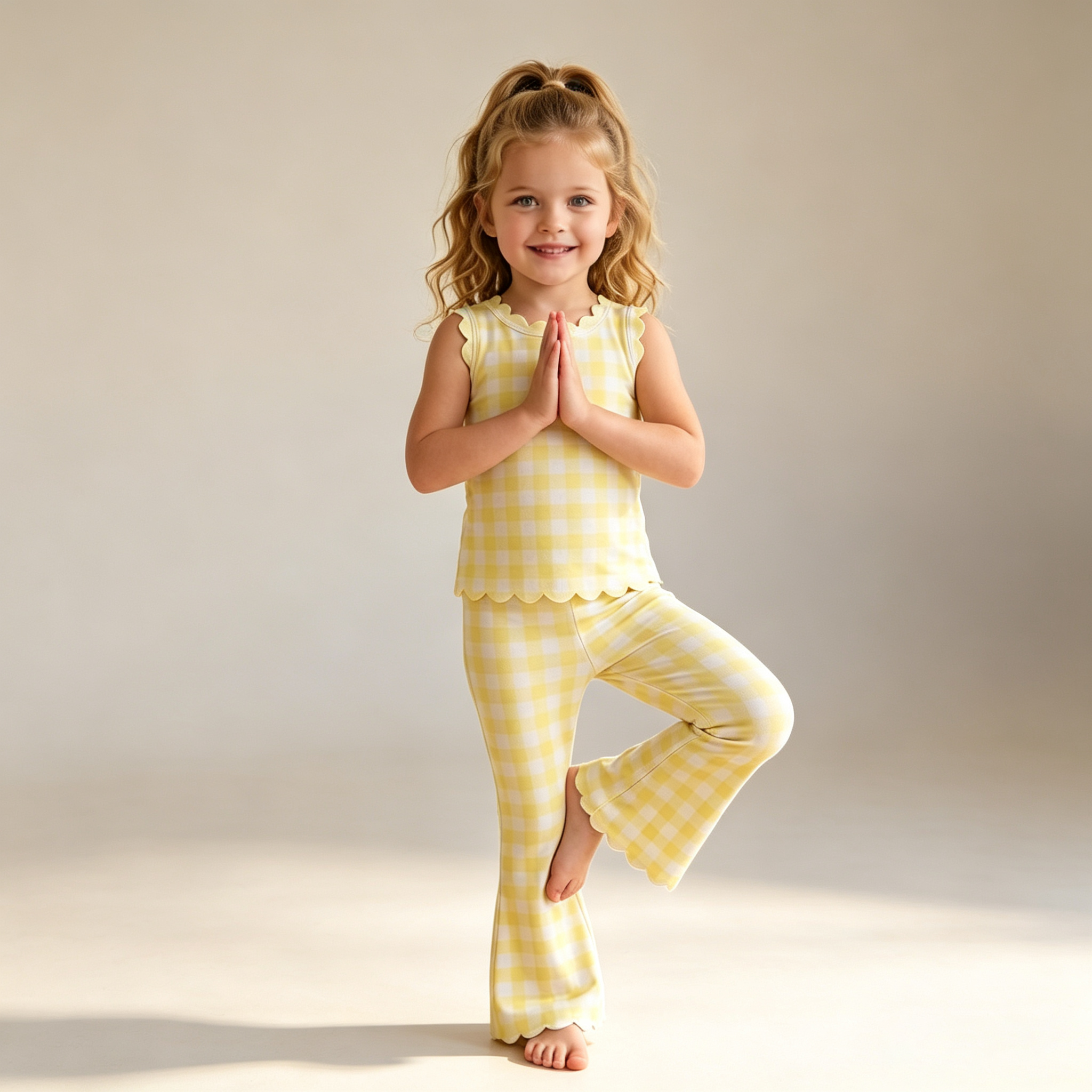 Stretchy Girls 2-Piece Yoga Set Ruffle Sleeveless Top Flare Pants Kids Plaid Tie-Dye Active Outfit