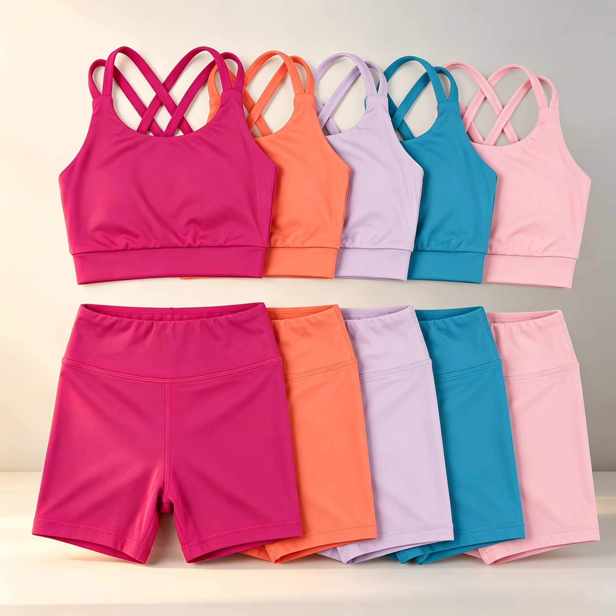 Stretchy Girls 2-Piece Yoga Set Cross Back Tank Top Biker Shorts Kids Solid Active Sport Outfit