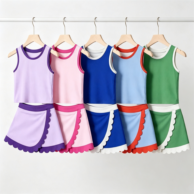 Girls 2 to 8 Years Ribbed Tank Top and Scalloped Skort Set High Stretch Yoga Tennis Activewear