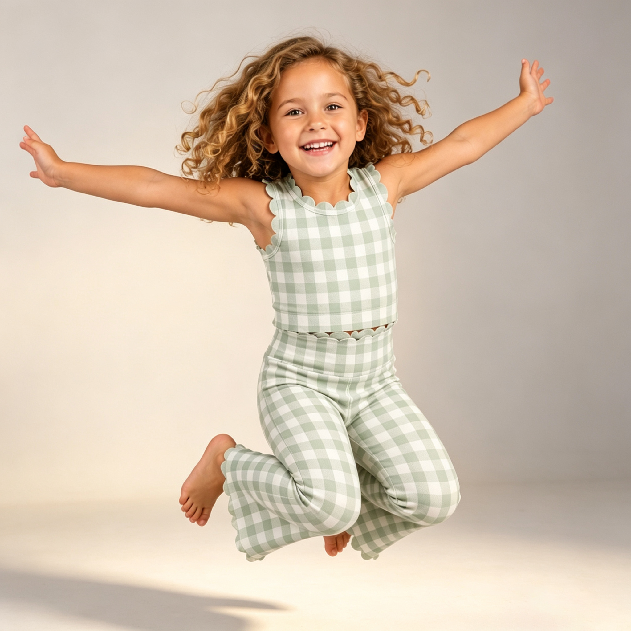 Stretchy Girls 2-Piece Yoga Set Ruffle Sleeveless Top Flare Pants Kids Plaid Tie-Dye Active Outfit