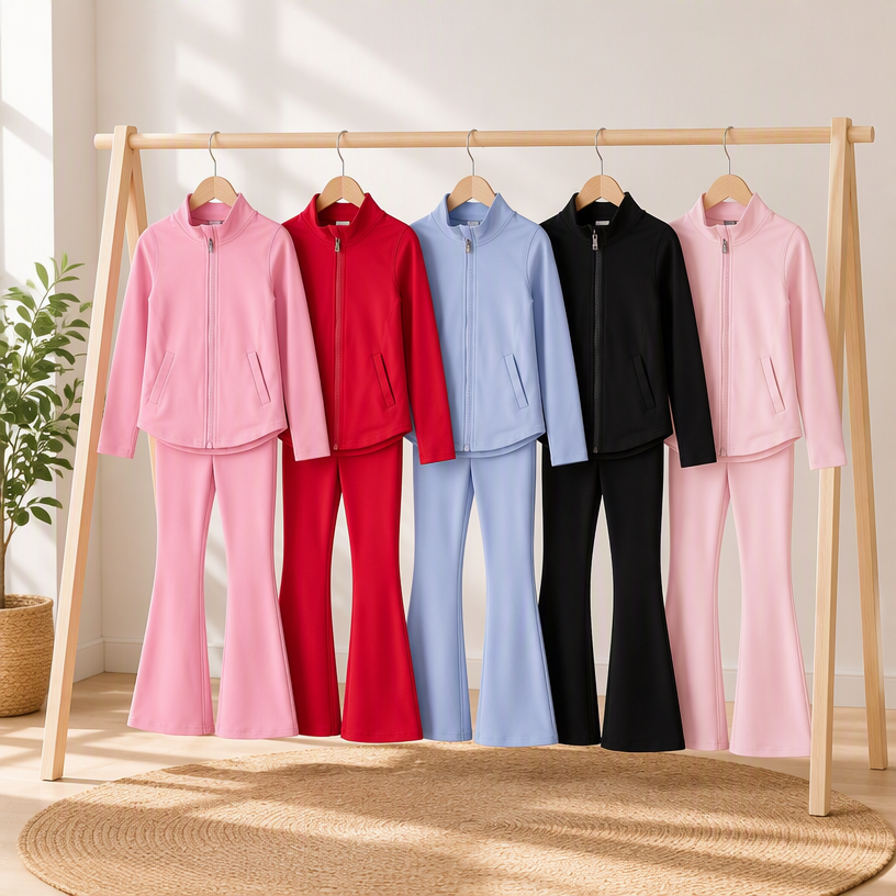 Stretchy Nylon Spandex Girls Zip-Up Yoga Tracksuit Flare Pants Active Set