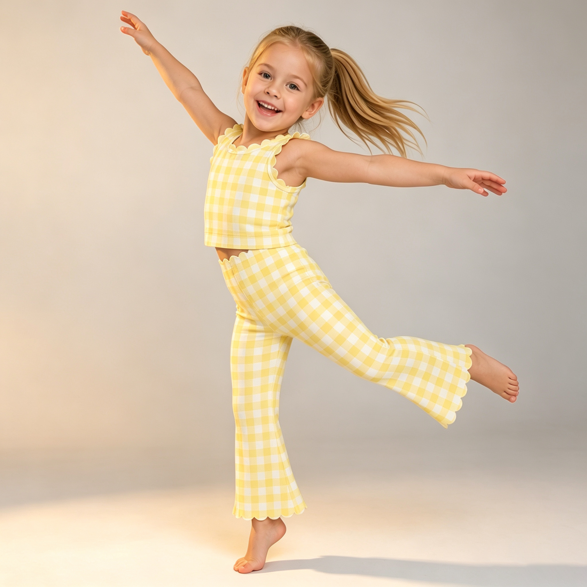 Stretchy Girls 2-Piece Yoga Set Ruffle Sleeveless Top Flare Pants Kids Plaid Tie-Dye Active Outfit