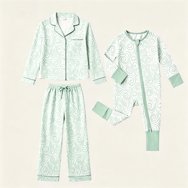 Mom and Baby Bamboo Viscose Swirl Print Pajama Set Adult Button Sleepwear and Toddler Zipper Romper