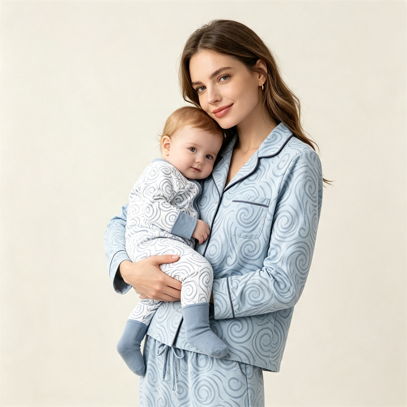 Mom and Baby Bamboo Viscose Swirl Print Pajama Set Adult Button Sleepwear and Toddler Zipper Romper