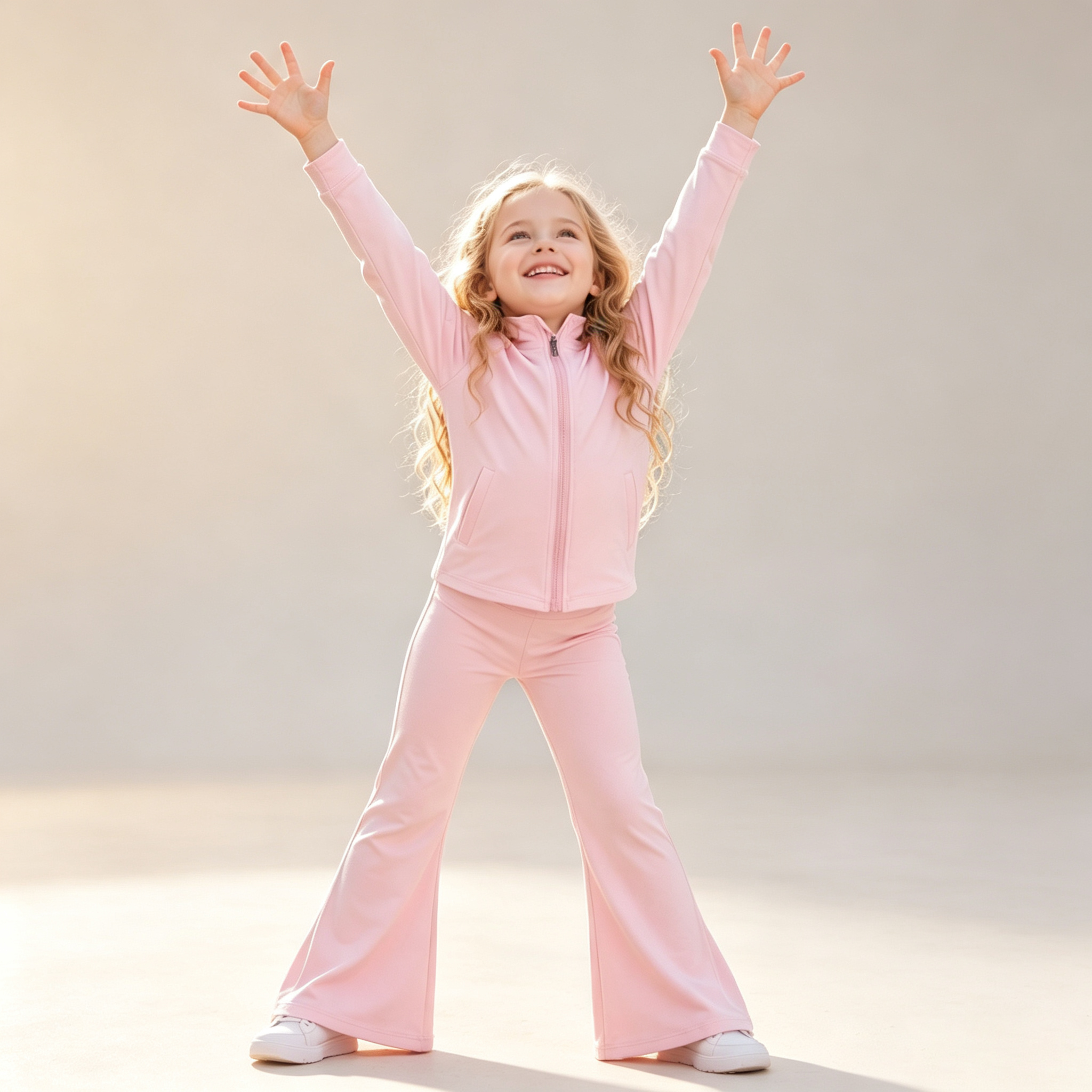 Stretchy Nylon Spandex Girls Zip-Up Yoga Tracksuit Flare Pants Active Set