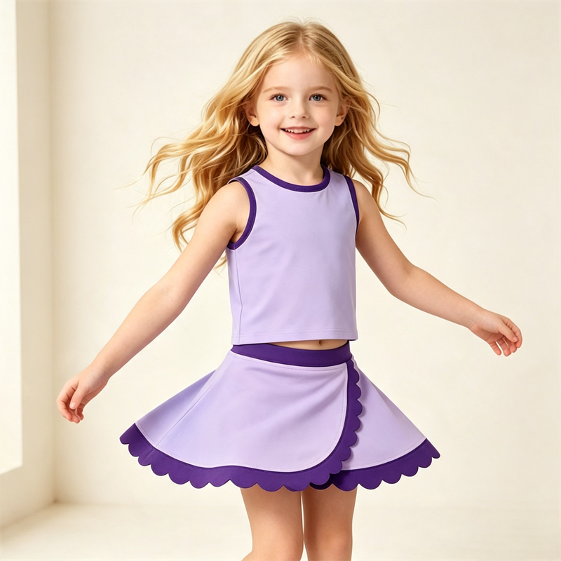 Girls 2 to 8 Years Ribbed Tank Top and Scalloped Skort Set High Stretch Yoga Tennis Activewear