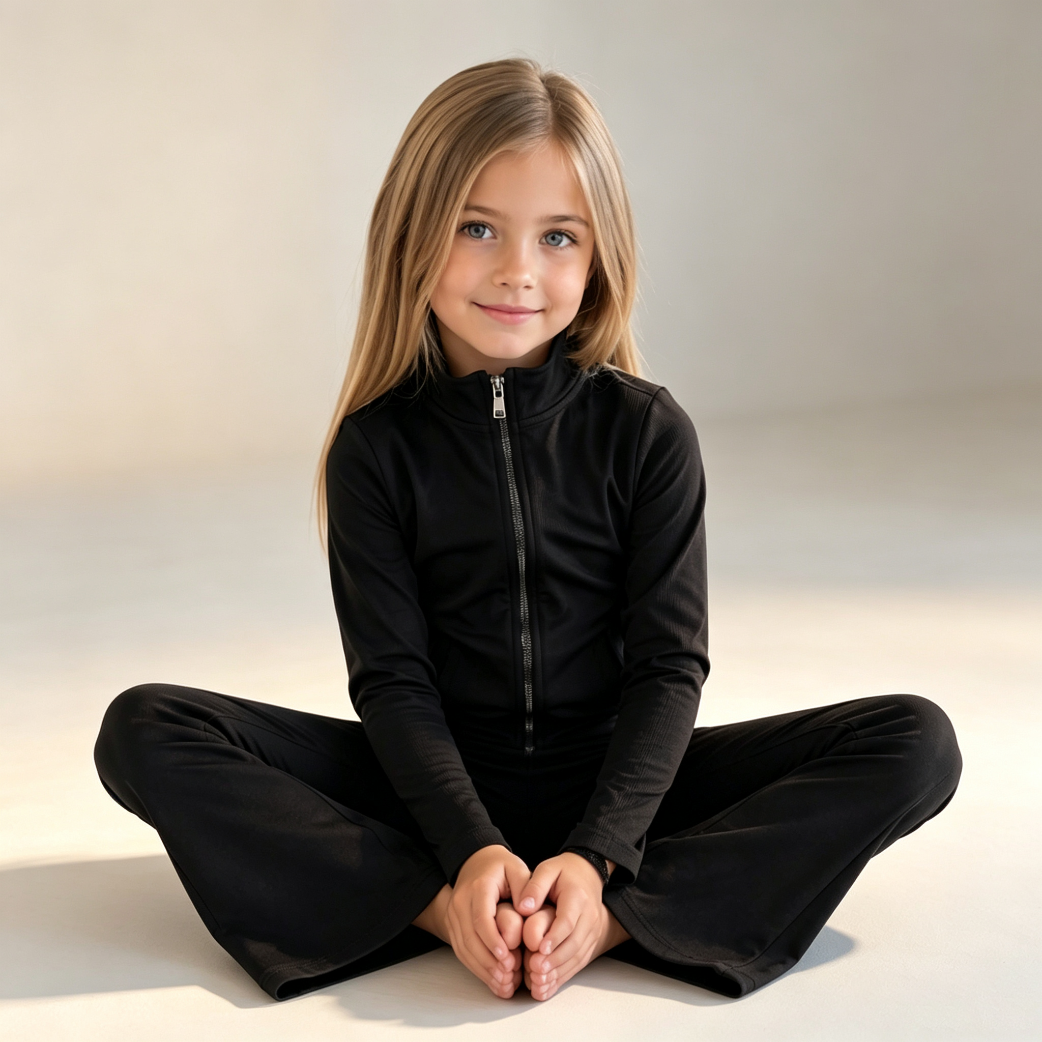 Stretchy Nylon Spandex Girls Zip-Up Yoga Tracksuit Flare Pants Active Set