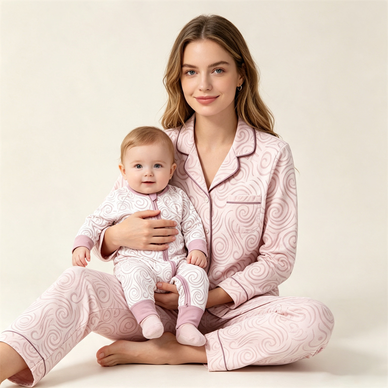 Mom and Baby Bamboo Viscose Swirl Print Pajama Set Adult Button Sleepwear and Toddler Zipper Romper