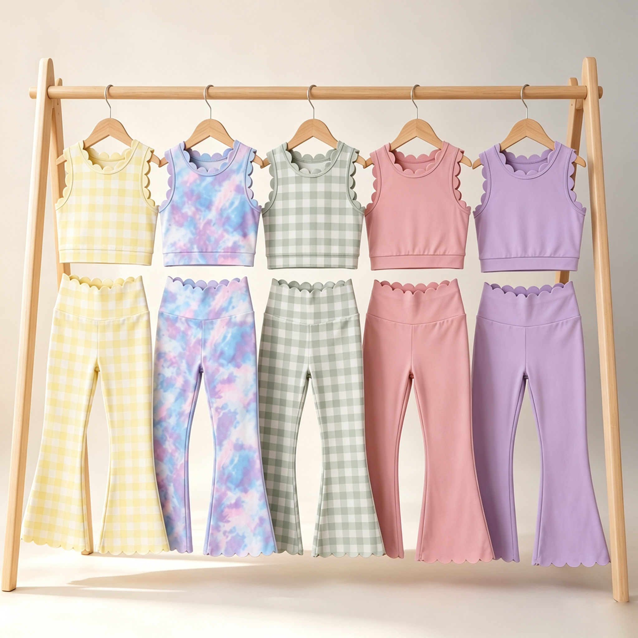 Stretchy Girls 2-Piece Yoga Set Ruffle Sleeveless Top Flare Pants Kids Plaid Tie-Dye Active Outfit