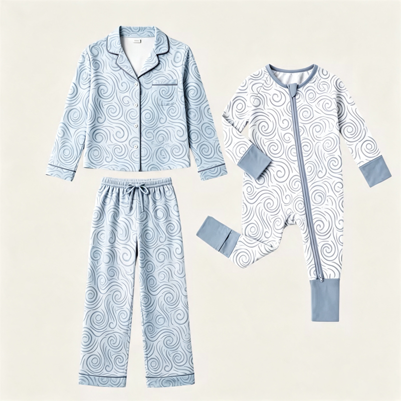 Mom and Baby Bamboo Viscose Swirl Print Pajama Set Adult Button Sleepwear and Toddler Zipper Romper