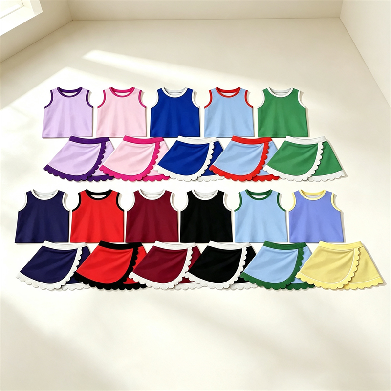 Girls 2 to 8 Years Ribbed Tank Top and Scalloped Skort Set High Stretch Yoga Tennis Activewear
