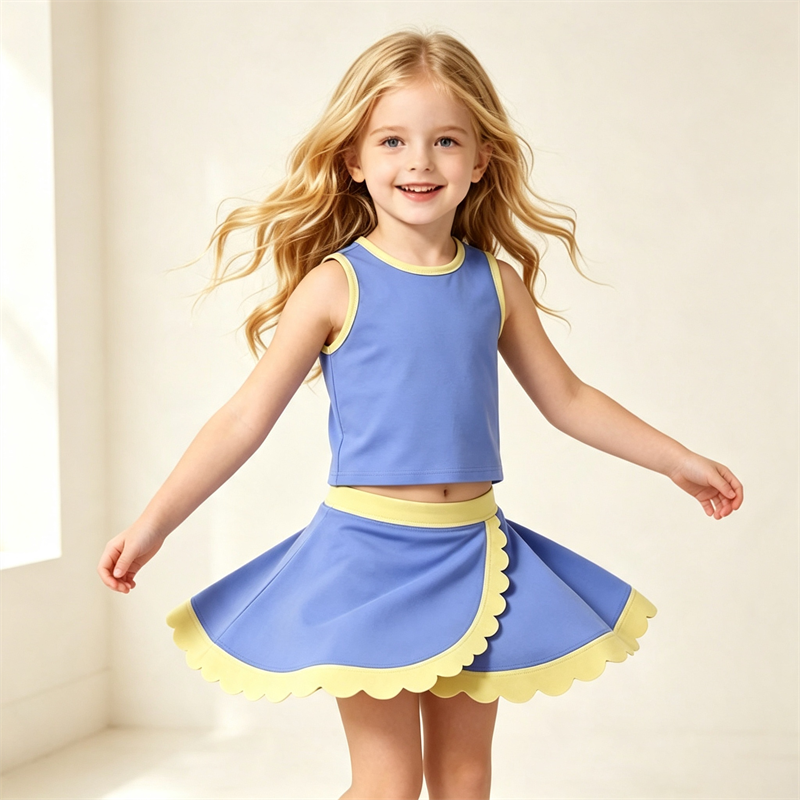 Girls 2 to 8 Years Ribbed Tank Top and Scalloped Skort Set High Stretch Yoga Tennis Activewear