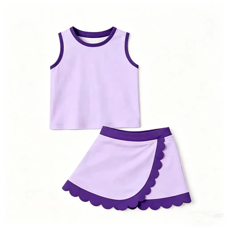 Girls 2 to 8 Years Ribbed Tank Top and Scalloped Skort Set High Stretch Yoga Tennis Activewear