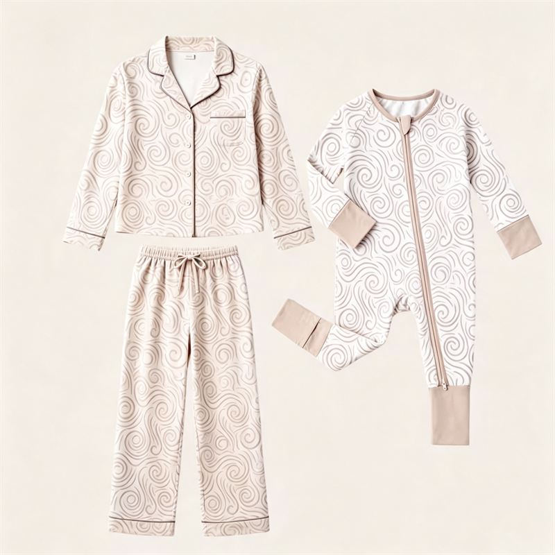 Mom and Baby Bamboo Viscose Swirl Print Pajama Set Adult Button Sleepwear and Toddler Zipper Romper