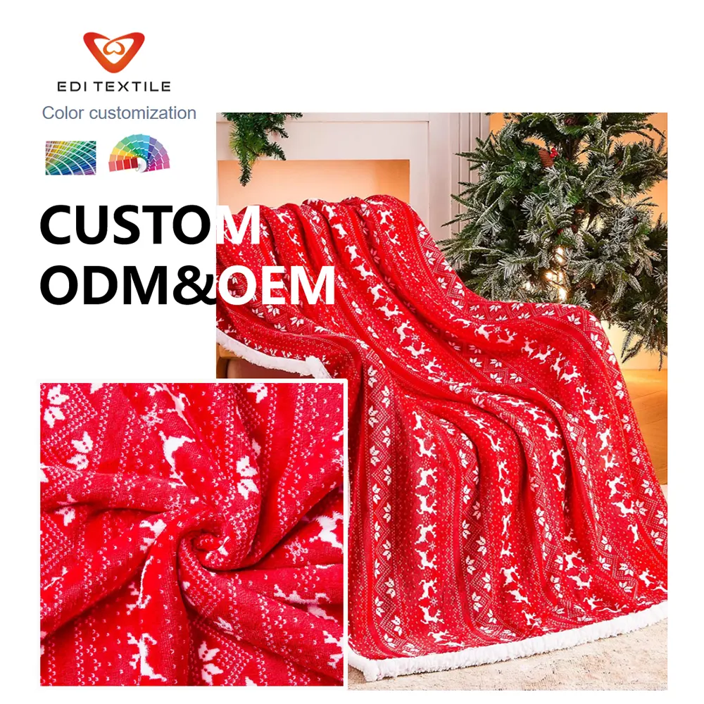 Custom Christmas Reindeer Fair Isle Double Layers Flannel and Sherpa Blanket for Wholesalers, Chain Supermarkets & Global Home Textile Importers