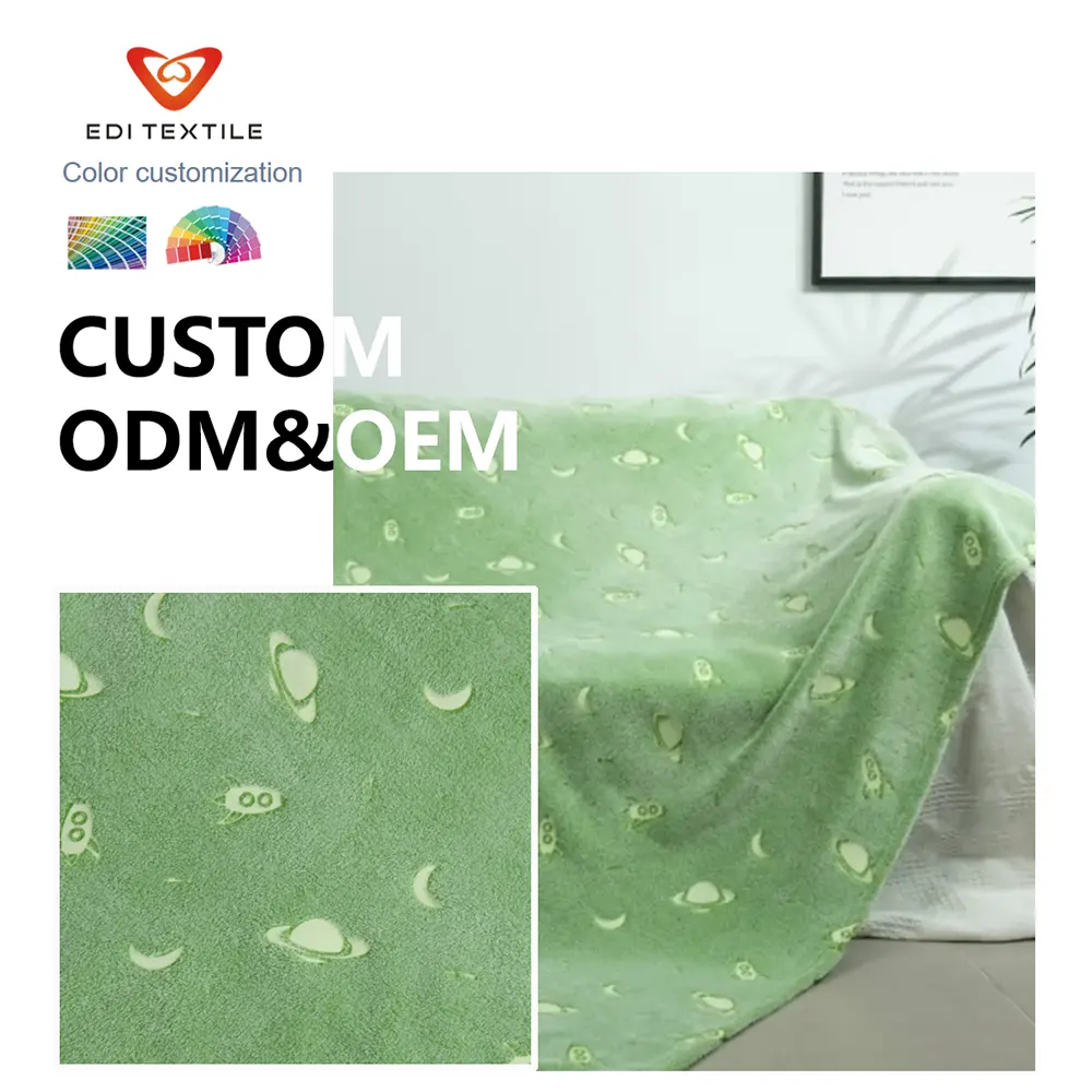 Custom Glow In The Dark Space Planet printed Flannel Blanket for Wholesalers, supermarkets and home textile importers
