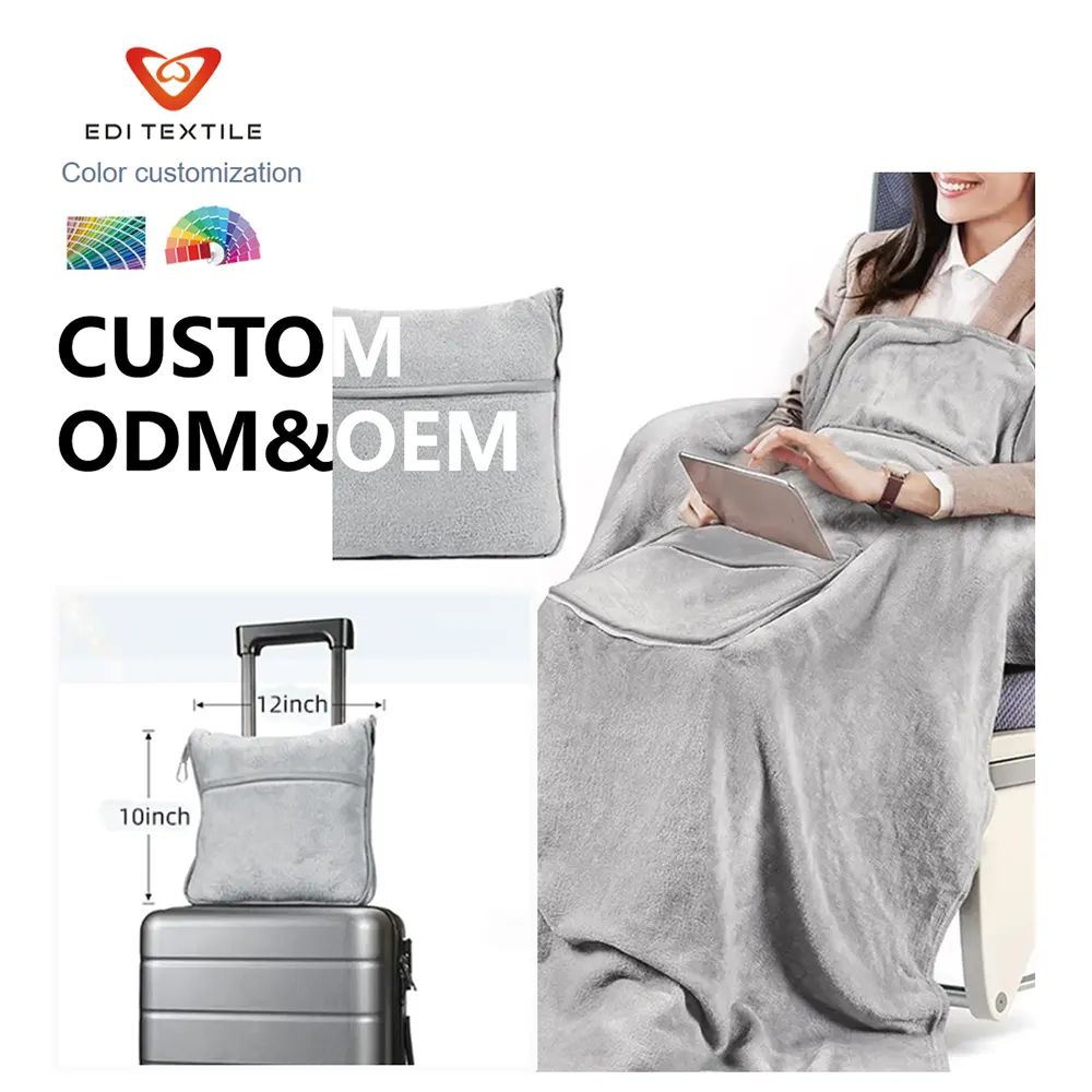 Factory Direct Wholesale Grey 2-in-1 Flannel Travel Blanket with Built-in Device Pocket & Luggage Soft Anti-Pilling Compact Foldable Airplane Throw Blanket for Business Trip Office Nap Camping