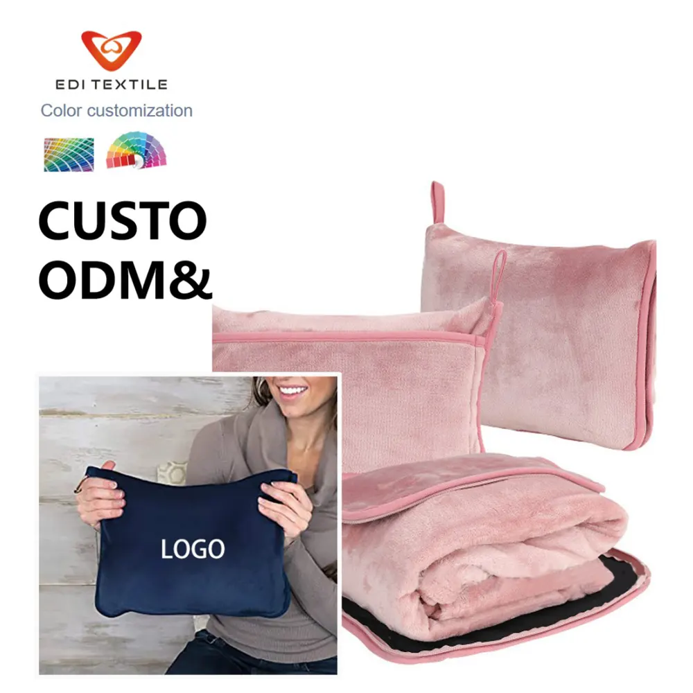 Factory Direct Wholesale Dusty Rose Foldable 2-in-1 Flannel Travel Blanket Pillow with Built-in Storage Pouch, Soft Anti-Pilling Compact Airplane Throw Blanket 