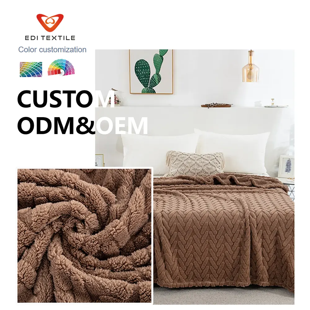 Factory Direct Wholesale Caramel Brown Herringbone Chevron Jacquard Sherpa Fleece Throw Blanket  for Global Home Textile Importers 
