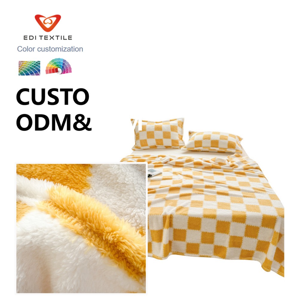 Wholesale Yellow & White Checkered Sherpa Fleece Blanket Soft Plush Throw for Medium/Large Supermarkets