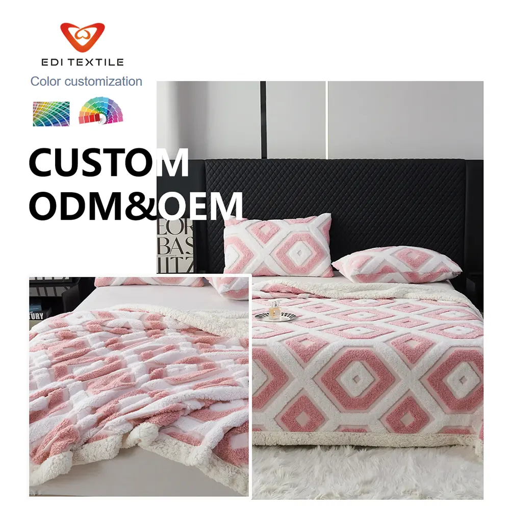 Factory Direct Supply 3D Geometric Diamond Jacquard Double Layer Flannel Sherpa Throw Blanket, Thick Warm Tufted Textured Plush Fleece Blanket with Sherpa Reverse for Bedroom Sofa Luxury Home Decor